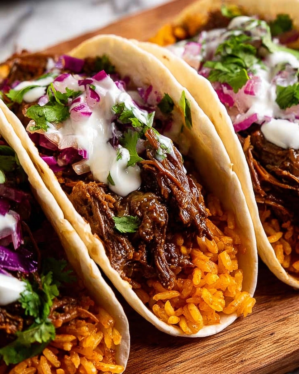 Three soft white tortillas filled with bright orange rice at the bottom, topped with dark brown shredded beef that looks tender and juicy. Over the beef, there are drizzles of white creamy sauce and small pieces of purple pickled onions. Fresh green cilantro leaves are scattered on top and around the tacos. The tacos are placed close together on a wooden surface with a white marbled texture in the background. photo taken with an iphone --ar 4:5 --v 7