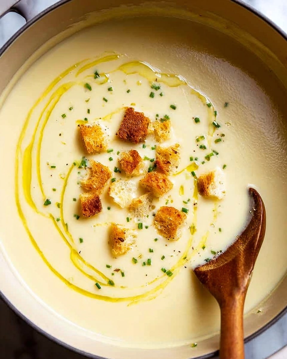 A close-up of a creamy pale yellow soup in a white pot with a wooden spoon resting inside. The soup is smooth in texture and topped with golden brown croutons scattered in the center. Small green herb pieces are sprinkled over the croutons, and a few drizzles of yellow oil swirl lightly on the surface. The background is a white marbled texture. photo taken with an iphone --ar 4:5 --v 7