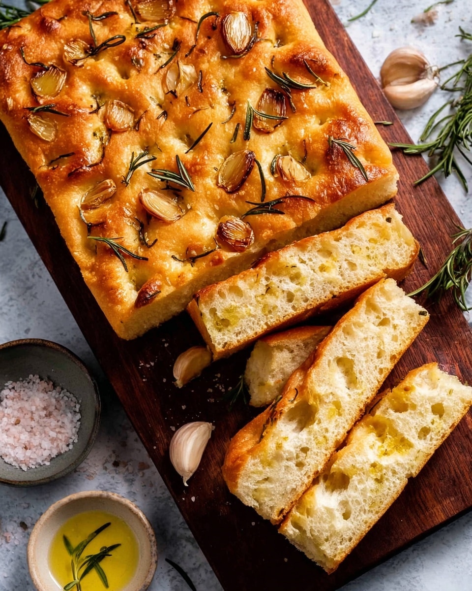 The image shows a golden-brown focaccia bread cut into five thick pieces, placed on a dark wooden board over a white marbled texture. The top layer of the bread is crispy and dotted with roasted garlic slices and fresh rosemary sprigs, adding touches of green and light brown to the surface. The inside of the bread reveals a soft, airy texture with a light yellow color from olive oil. Around the board, there are garlic cloves and a small black bowl with coarse salt, enhancing the rustic look of the scene. photo taken with an iphone --ar 4:5 --v 7