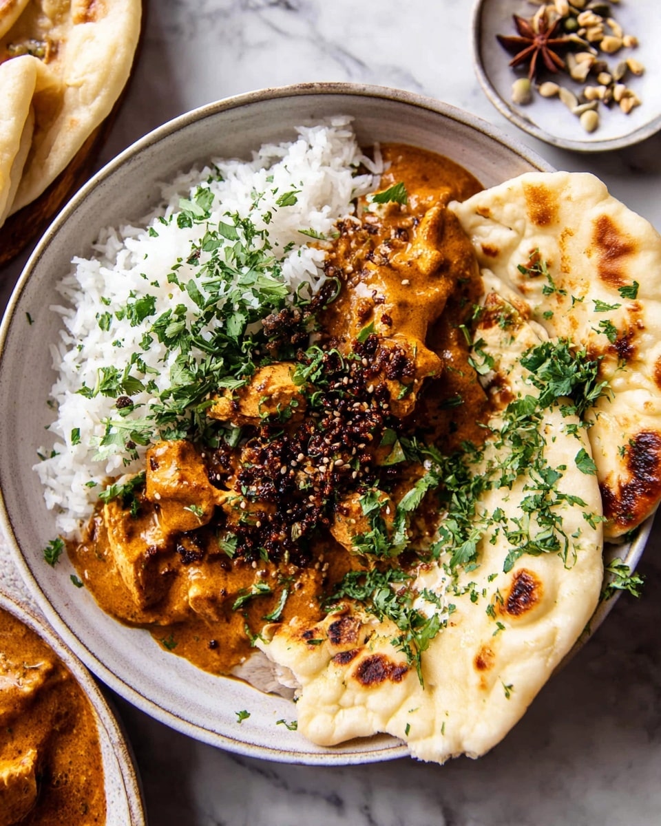 A white speckled bowl holds a layered dish starting with a base of white rice on the left side, sprinkled with chopped green herbs. On top and to the right of the rice is a layer of golden-orange creamy curry sauce covering chunks of meat, garnished with more chopped green herbs and clusters of sesame-seed-coated crispy bits. To the right side of the bowl, there are pieces of lightly browned naan bread, some topped with the same chopped herbs and a little bit of the sesame seed garnish. The bowl sits on a white marbled surface with a blurred cloth underneath, and there is a partial view of a round white plate with a dark sauce and star anise in the background. Photo taken with an iphone --ar 4:5 --v 7