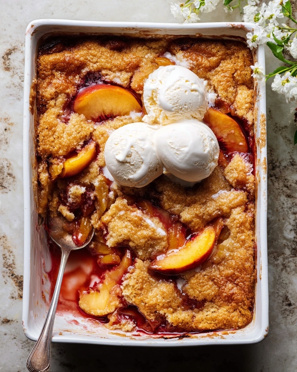 A white rectangular baking dish filled with a warm peach cobbler showing two layers: the bottom layer is soft, orange and red peach slices with a juicy texture, and the top layer is a golden-brown, slightly crispy cobbler crust that breaks apart around the edges. Two scoops of creamy white vanilla ice cream sit on top, melting slightly and blending with the cobbler. A silver spoon rests inside the dish on the bottom left corner, partially submerged in the cobbler. The dish is placed on a surface with a white marbled texture and small white flowers can be seen in the top right corner. Photo taken with an iphone --ar 4:5 --v 7