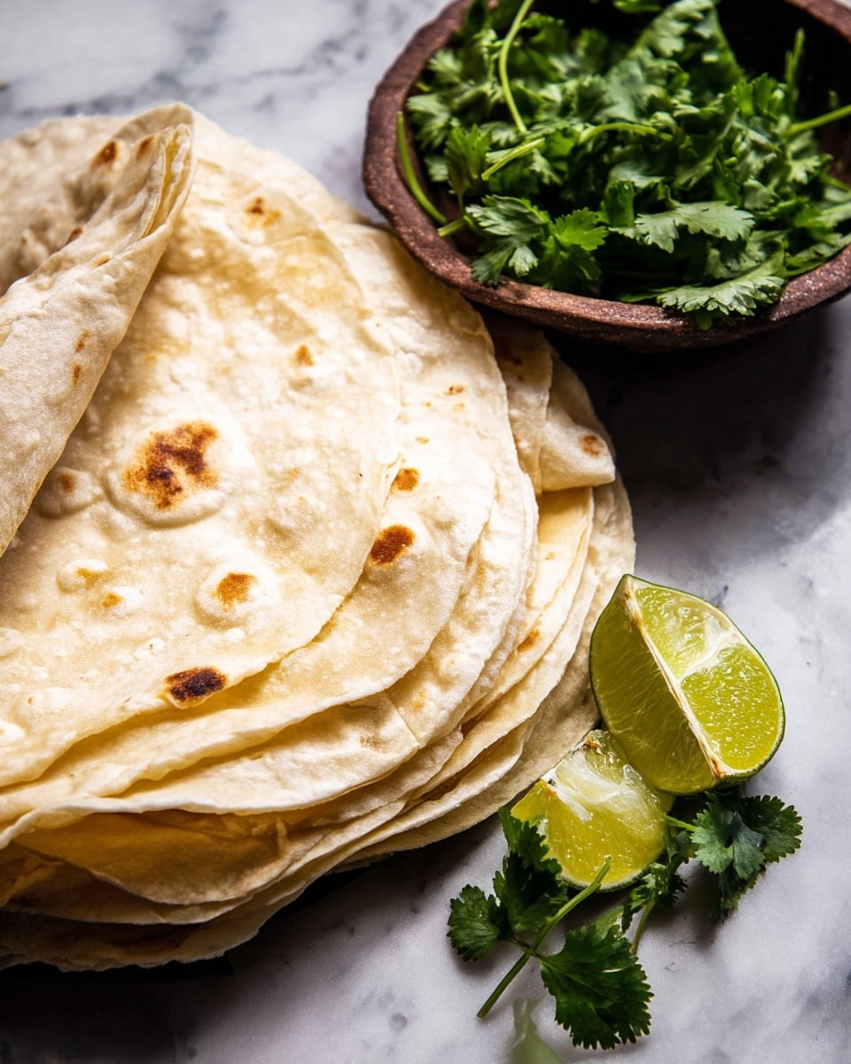 A stack of six light golden brown tortillas with soft texture and small dark brown spots is neatly placed on a dark surface, showing slight folds and natural uneven edges. Next to the tortillas, there is a white bowl filled with fresh green cilantro leaves and bright lime wedges cut into quarters, adding a vibrant touch. The tortillas and bowl are resting on a white marbled textured surface, creating a clean and simple background. photo taken with an iphone --ar 4:5 --v 7