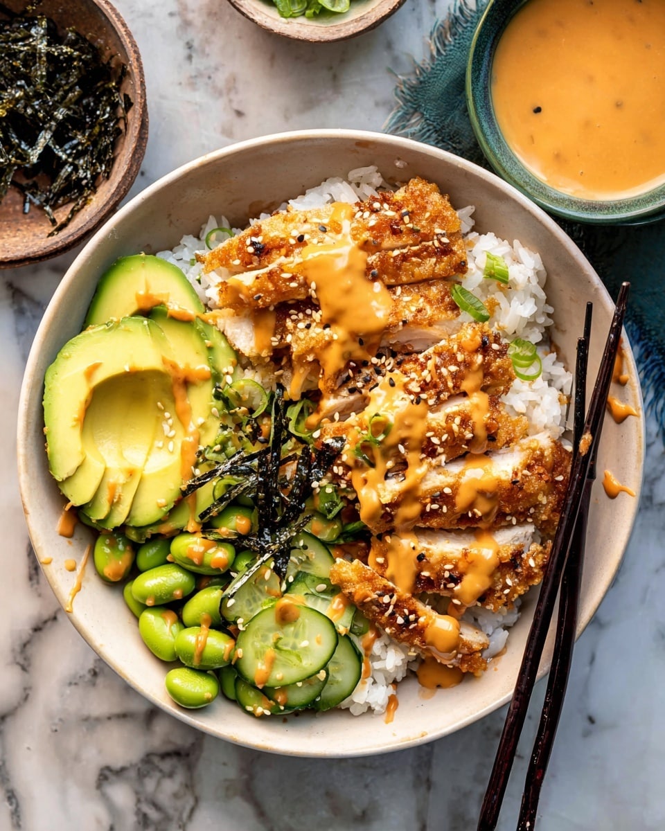 The dish is served in a deep white bowl filled with a base layer of fluffy white rice. On top of the rice, there are golden-brown crispy breaded chicken slices, arranged neatly in one section. Next to the chicken, a small pile of green roasted edamame beans adds texture and color. Thin cucumber slices and dark strips of seaweed are placed to the side, adding a fresh, green element. Two pale yellow avocado wedges rest on the rice, drizzled with a creamy orange sauce that is also lightly splattered over the chicken and edamame. A few green onion strands are scattered on top for garnish. A pair of black chopsticks rests across the side of the bowl with some sauce on them. The bowl sits on a white marbled surface with additional small bowls of sauce and seaweed in the background. Photo taken with an iphone --ar 4:5 --v 7
