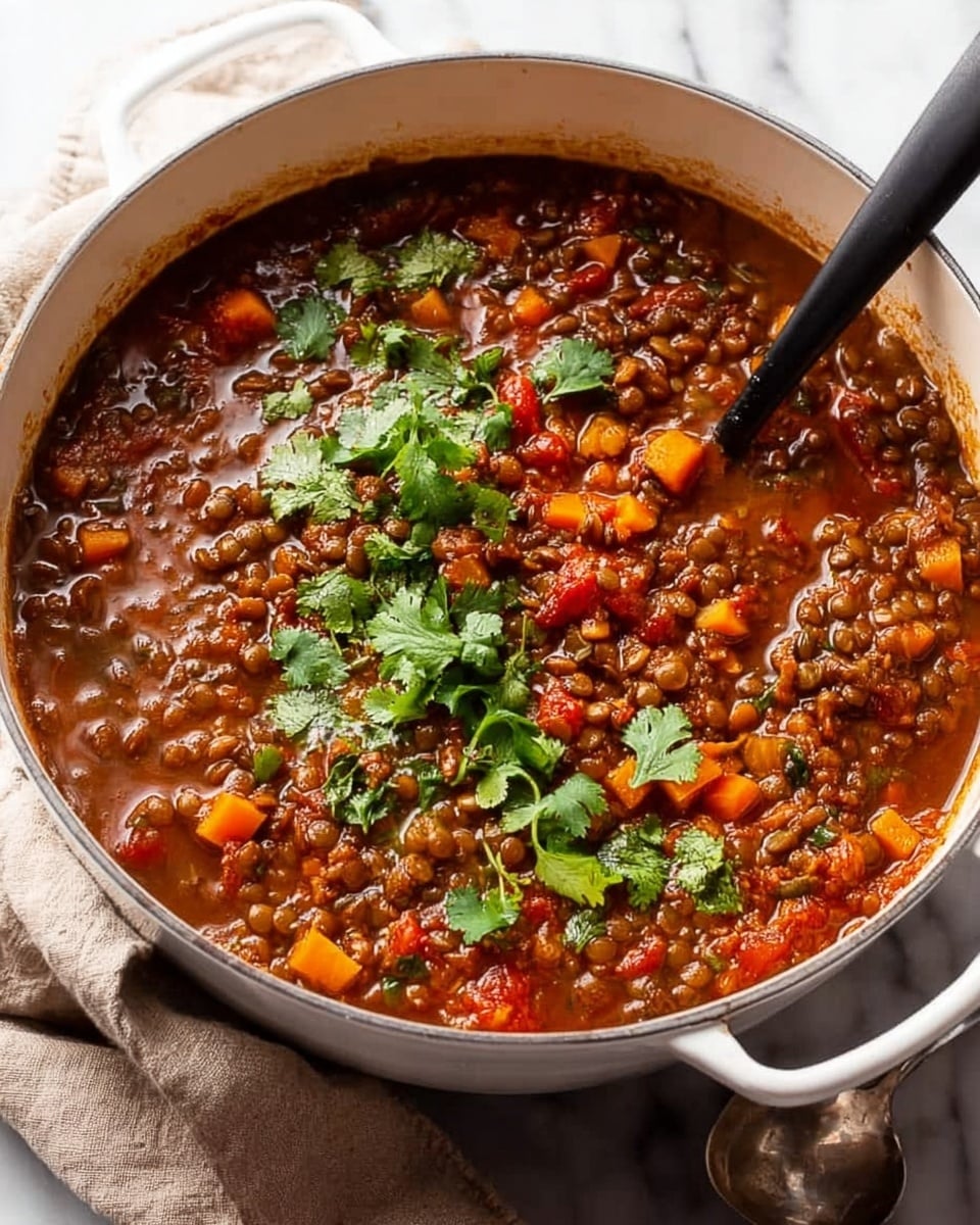 A white pot filled with thick lentil stew showing multiple layers: a rich, brownish-red broth base mixed with small lentils and diced orange carrots, scattered chunks of light-colored potatoes, and small pieces of tomato. The stew has a textured surface with visible bits of vegetables and lentils, topped with green cilantro leaves that add contrast. A black ladle is partially submerged on the right side, resting against the inner edge of the pot, with a white marbled surface beneath and a beige cloth nearby. photo taken with an iphone --ar 4:5 --v 7