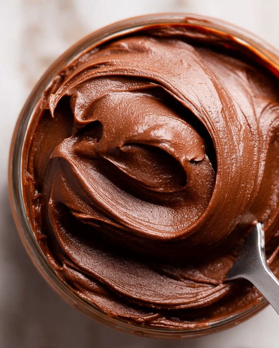 The image shows a close-up view of a thick layer of smooth and creamy chocolate frosting with rich dark brown color, swirled with soft, curved peaks and gentle waves that give it a velvety texture. The frosting fills the container fully, with a silver spoon edge barely visible at the bottom edge of the frame, ready to scoop some of the glossy and dense chocolate spread. The background features a white marbled texture. photo taken with an iphone --ar 4:5 --v 7
