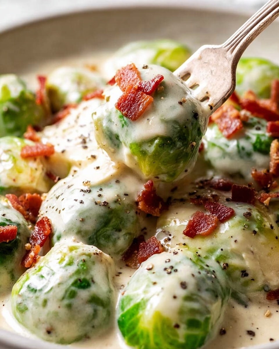 The image shows a close-up of several bright green Brussels sprouts covered in a creamy, light beige sauce with specks of seasoning, arranged closely together. On top and around the Brussels sprouts, there are small pieces of crisp, reddish-brown bacon adding texture and color contrast. A silver fork is lifting one Brussels sprout, showing the creamy sauce dripping lightly from it. The dish is presented on a white plate, with a white marbled texture surface underneath. Photo taken with an iphone --ar 4:5 --v 7