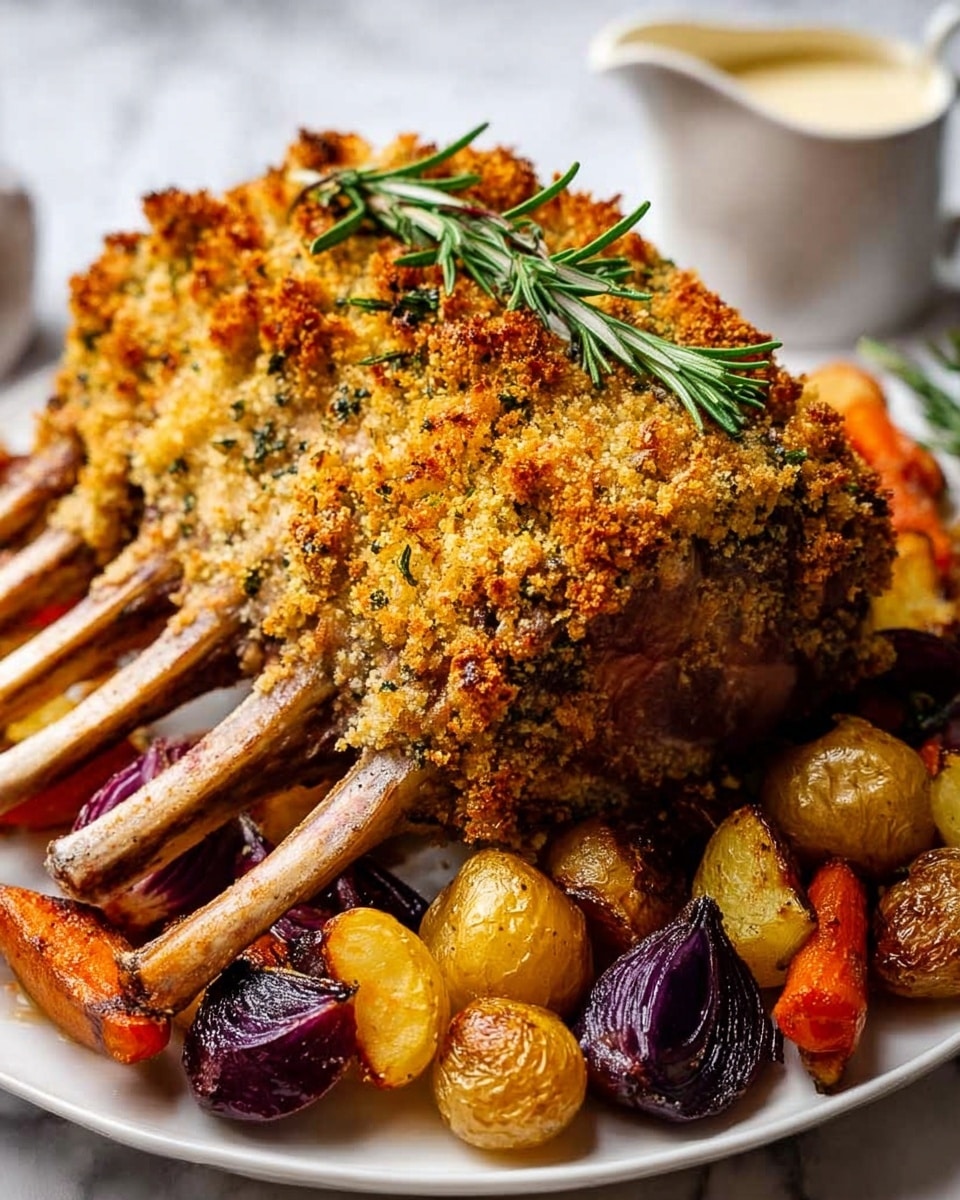 A white plate on a white marbled surface holds a large rack of lamb coated with a crispy, golden-brown breadcrumb crust, garnished with fresh green rosemary sprigs scattered on top. Surrounding the lamb are roasted vegetables including small golden-brown potatoes and deep purple onions with caramelized edges, along with some orange-colored roasted carrots. In the background, slightly blurred, is a white gravy jug filled with a creamy light brown sauce. photo taken with an iphone --ar 4:5 --v 7