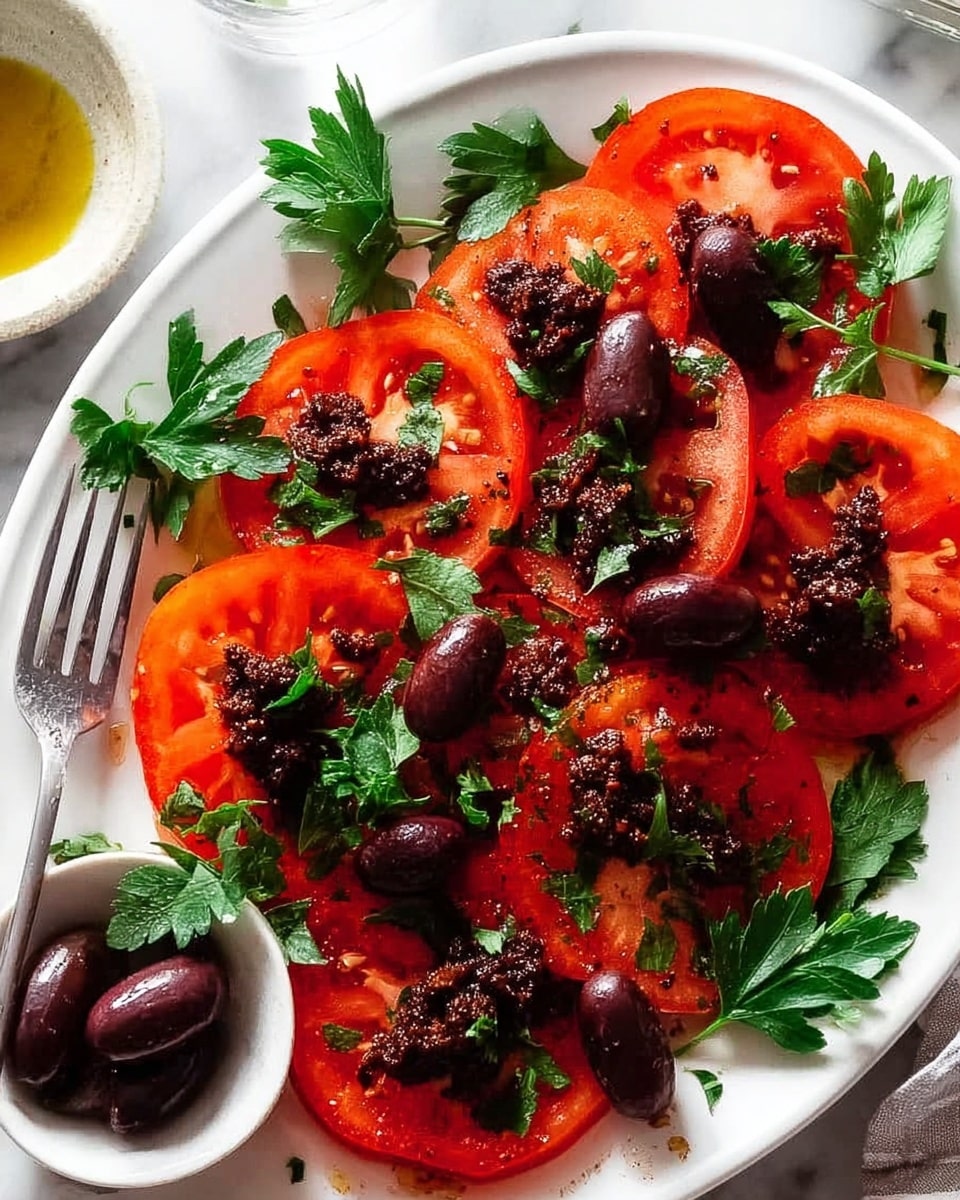 The image shows a white plate with several bright red tomato slices arranged in an overlapping layer. On top of the tomatoes is a rough, dark purple tapenade spread dotted unevenly. Scattered around and on the slices are whole dark purple olives along with fresh green parsley leaves placed randomly for color contrast. A white small bowl filled with the dark purple tapenade and an olive sits at the front edge of the plate. The plate rests on a white marbled surface, with a silver fork visible on the side. Photo taken with an iphone --ar 4:5 --v 7