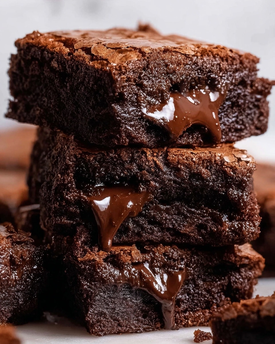 A close-up view of three thick, square brownies stacked unevenly on a white marbled surface. The top brownie is cracked and dry on the surface, while the middle brownie reveals a melted, gooey chocolate layer inside with a shiny, smooth texture. The bottom brownie appears dense and moist with a rich, dark brown color. Around the stack, there are small crumbs and chocolate bits scattered softly, enhancing the fresh-baked look. photo taken with an iphone --ar 4:5 --v 7