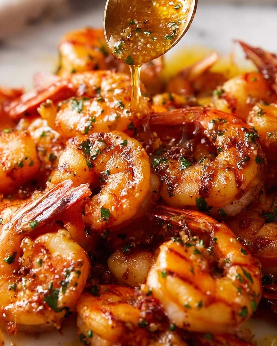 A close-up view of cooked shrimp piled together, each shrimp showing a mix of light pink, orange, and reddish-brown on their curled bodies, sprinkled with green herb bits. A spoon pours golden sauce onto the shrimp, adding a shiny, wet texture on top. The shrimp have a slightly grilled surface texture with small charred spots. The background is a soft white marbled texture. photo taken with an iphone --ar 4:5 --v 7