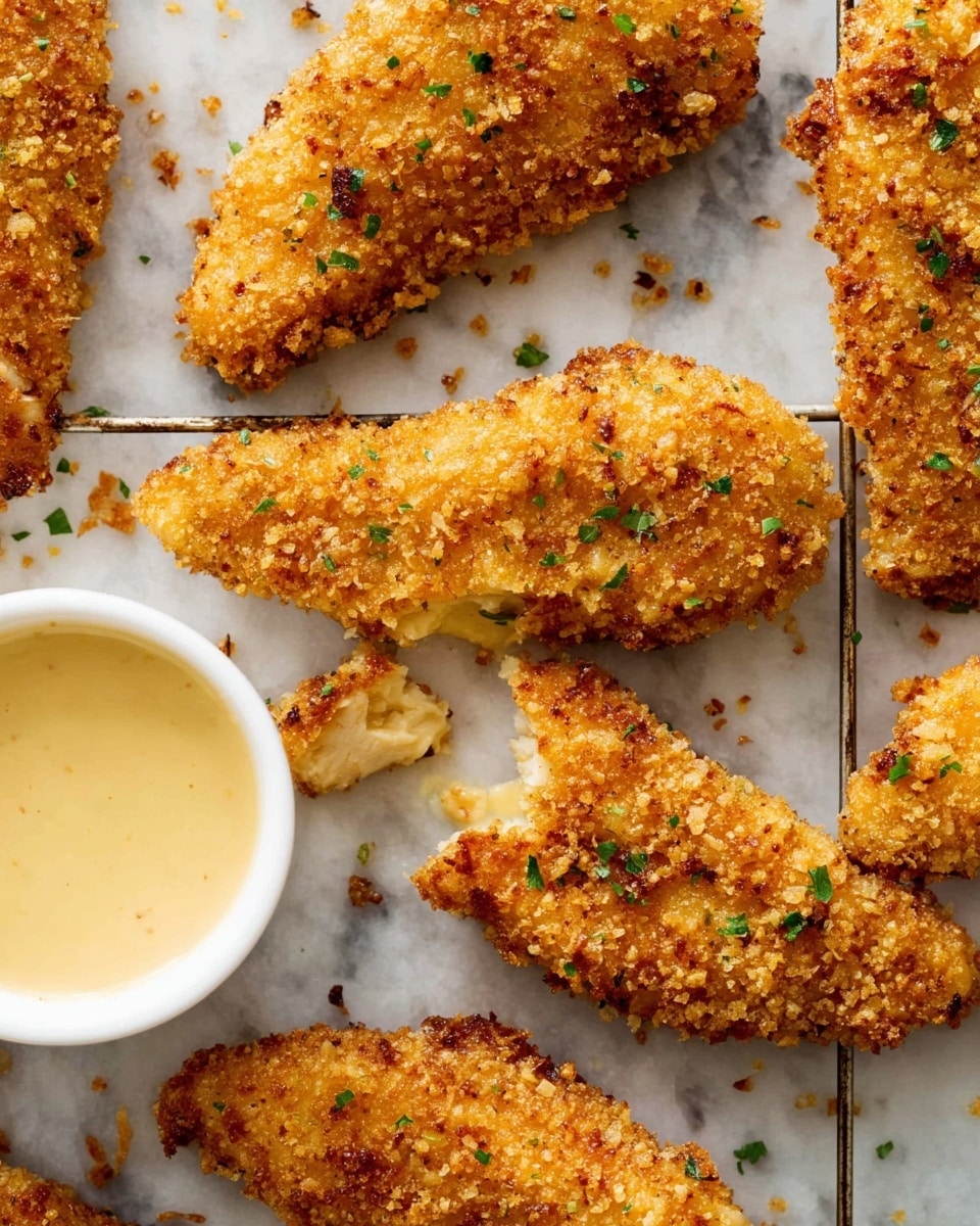 The image shows five pieces of golden brown crispy breaded chicken tenders arranged on a cooling rack over a white marbled surface. The chicken tenders have a rough and crunchy texture with small green herb bits sprinkled on top. On the left side, a white cup filled with a smooth yellow dipping sauce holds one piece of chicken partially dipped into it. The light highlights the crunchy texture and warm colors of the chicken very well. photo taken with an iphone --ar 4:5 --v 7