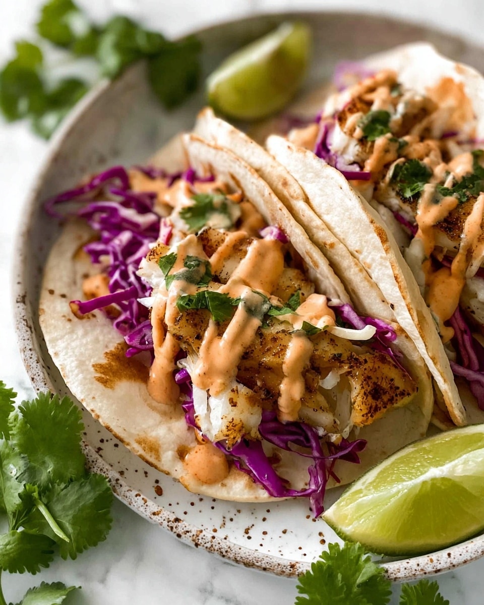 Two fish tacos sit side by side on a white plate with a rough, speckled rim, placed on a white marbled surface. Each taco has three visible layers: the base is a soft, lightly toasted white tortilla, filled with a layer of bright purple shredded cabbage, topped with golden brown grilled fish pieces with charred edges, and finished with a creamy light orange sauce drizzled on top, garnished with fresh green cilantro leaves. Around the plate are lime wedges and sprigs of cilantro adding pops of green. Photo taken with an iphone --ar 4:5 --v 7