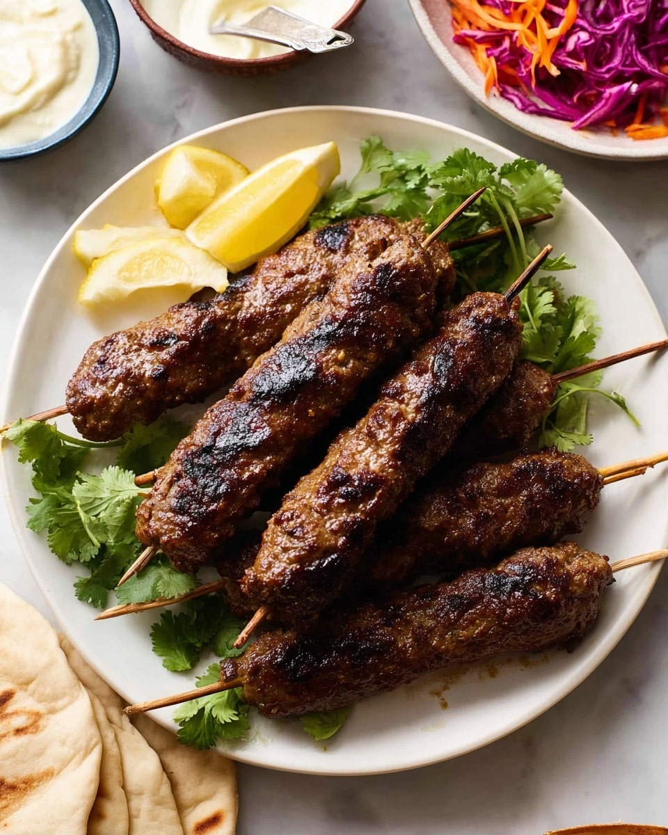 The image shows a white plate with seven grilled meat skewers stacked on it, each skewer holding a dark brown, textured, slightly shiny meat cylinder. Fresh green cilantro leaves are scattered on and around the skewers. To the left of the skewers, there are three lemon wedges with a bright yellow color and a small gray bowl filled with a light creamy sauce, with a spoon inside. The background includes parts of a white plate with red cabbage and carrot slaw visible at the top right corner, and soft flatbreads on the top left, all set on a white marbled surface. photo taken with an iphone --ar 4:5 --v 7
