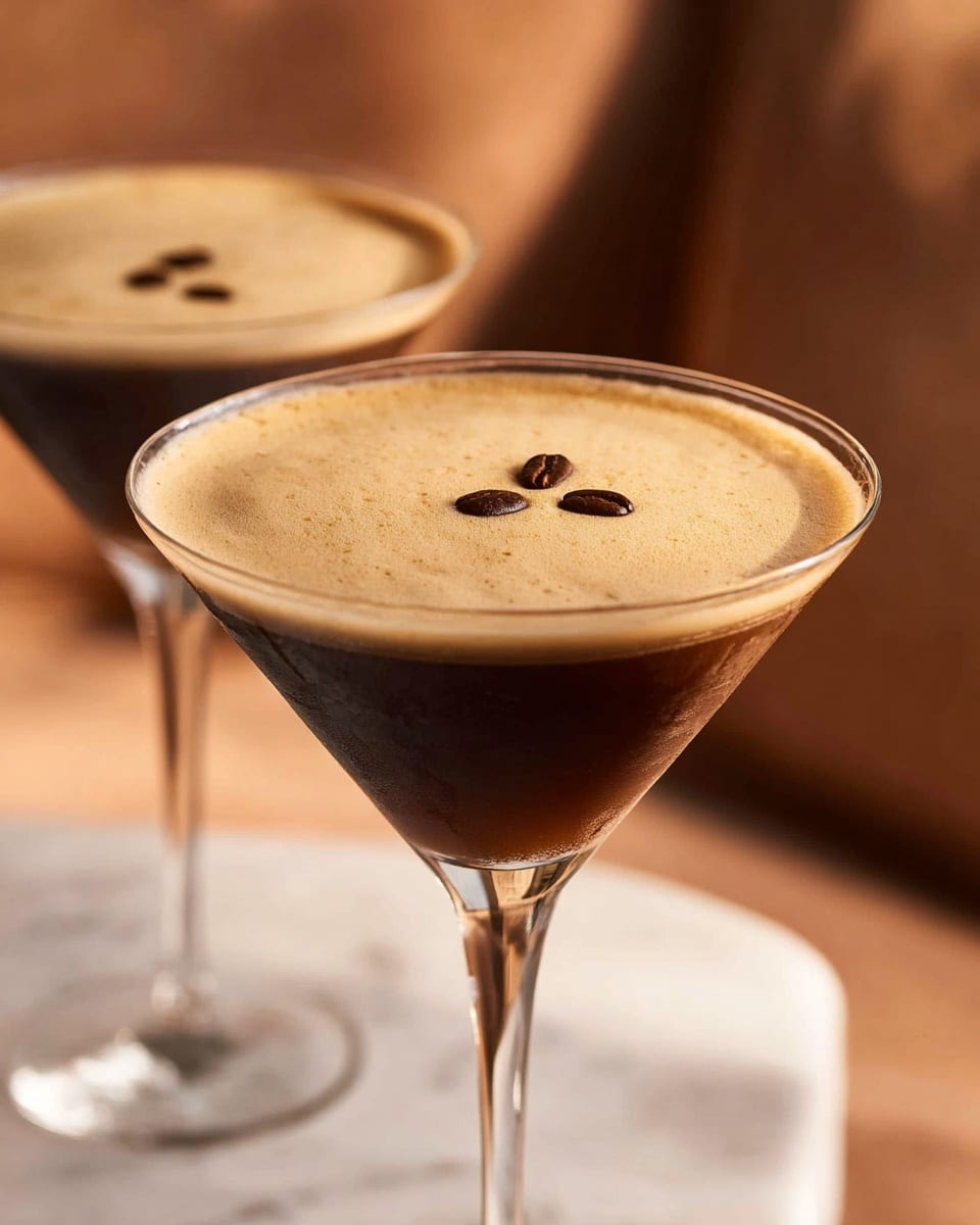 Two clear martini glasses hold espresso martinis, each with a smooth light brown frothy layer on top that covers dark coffee-colored liquid below. On top of the froth in each glass, there are three small dark brown coffee beans placed in the center. The glasses have long thin stems, standing on a white marbled surface. The background is softly blurred with warm light colors. photo taken with an iphone --ar 4:5 --v 7