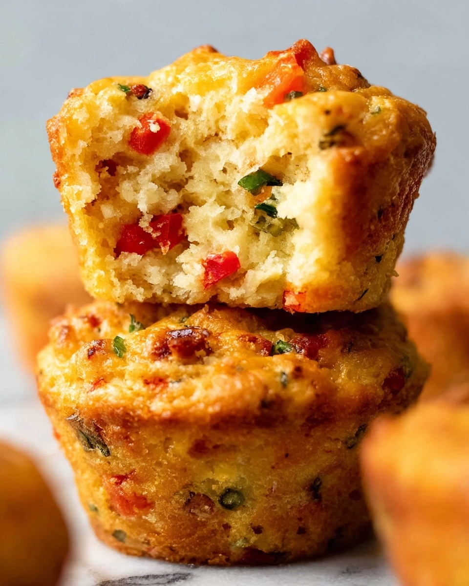A close-up image of two savory muffins stacked vertically, the bottom muffin showing a golden-brown crust with green and red vegetable bits visible on the surface. The top muffin is broken open, revealing a soft, moist interior speckled with red and green pieces, giving a colorful contrast to the pale yellow crumb. The texture looks light and airy, with a slightly crumbly top edge. The background is a white marbled texture. photo taken with an iphone --ar 4:5 --v 7