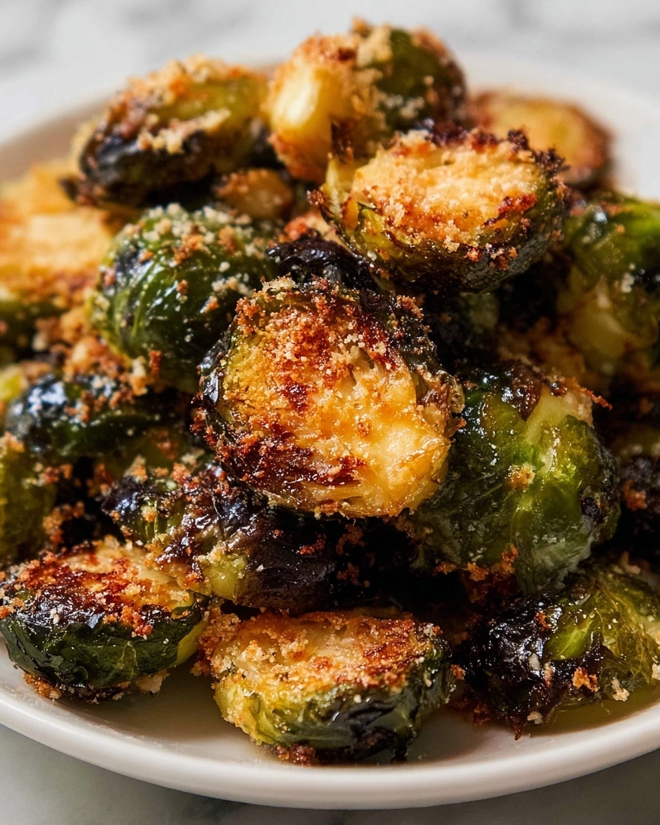 A close-up of crispy roasted Brussels sprouts with visible golden brown, charred edges and a crunchy texture on the outside. The sprouts vary in color from dark green to light green shades, with some halves showing a toasted, slightly caramelized interior. Small bits of seasoning and garlic are scattered on top, adding texture and detail. The Brussels sprouts are piled closely together on a white plate resting on a white marbled surface. Photo taken with an iphone --ar 4:5 --v 7