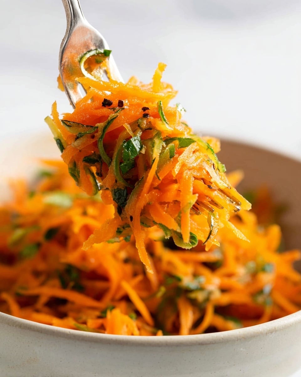 A close-up view of orange shredded carrot strands mixed with small green herb pieces, creating a fresh salad held by a fork above a white bowl filled with more carrot salad. The carrot strands are thin and slightly wet, with visible black pepper specks and thin green vegetable slices mixed throughout. The background shows a white marbled texture in soft focus. photo taken with an iphone --ar 4:5 --v 7