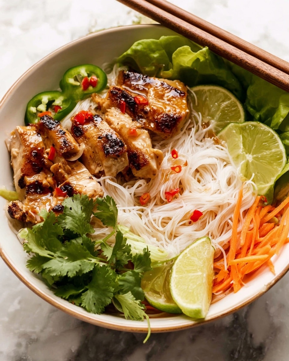 A white bowl filled with delicate white rice noodles at the bottom, topped with a layer of grilled chicken slices with crisp brown char marks and a glossy sauce sprinkled with small pieces of red chili and garlic; on one side there are thin strips of bright orange carrots and fresh green lettuce leaves, while on the other side, fresh cilantro leaves and sliced green jalapeños add texture and color; two lime wedges sit near the back, with a pair of dark wooden chopsticks resting on the rim of the bowl, all set against a white marbled surface. photo taken with an iphone --ar 4:5 --v 7
