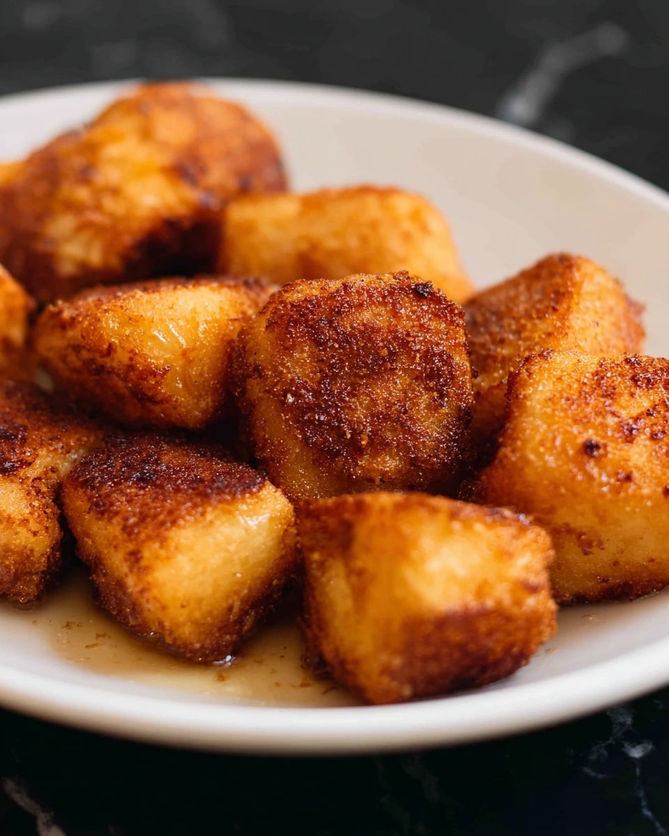 The image shows close-up form of several fried plantain pieces with crispy golden-brown skin, arranged closely together in a shallow pool of oil inside a black pan. Each piece has a slightly uneven, rough surface that indicates a crunchy texture, with some edges darker and more caramelized than others. The pieces vary in shape, mostly oval or rectangular, showcasing a rich mix of deep amber and light golden colors. The oil's slight shine adds gloss to the surface, enhancing the appeal of the fried pieces. Photo taken with an iphone --ar 4:5 --v 7