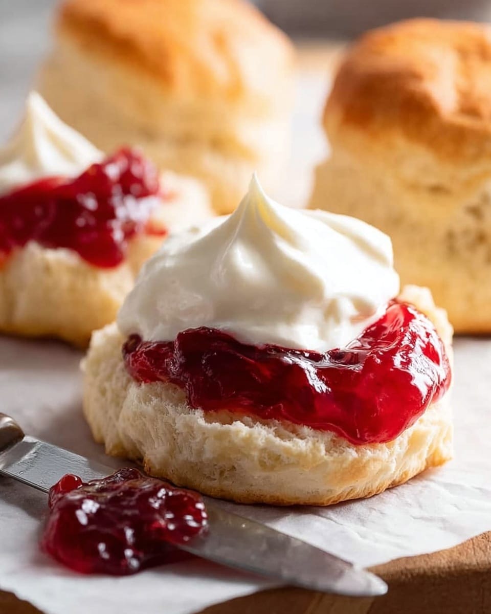 The image shows a close-up of a biscuit topped with a thick, glossy red jam layer and a dollop of smooth, creamy white clotted cream. The biscuit is golden and fluffy with a slightly crumbly texture, placed on white parchment paper over a white marbled surface. Nearby, a silver knife with some jam on its blade rests on the paper, and other plain biscuits are partially visible in the soft-focus background. Photo taken with an iphone --ar 4:5 --v 7