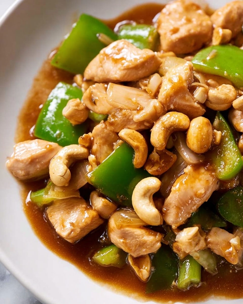 The image shows a close-up of a dish with chunks of light brown chicken, whole cashew nuts, and green bell pepper pieces mixed in a thick, glossy brown sauce. The chicken pieces are cut into bite-sized chunks with a smooth texture, while the cashews are whole and curved, adding a crunchy look. The green bell peppers are cut into small rectangular shapes, creating a fresh contrast with their bright green color. All ingredients rest on a white plate, partially covered by the rich sauce that looks smooth and slightly thick. The background is a white marbled texture, giving a clean and fresh feel to the image. photo taken with an iphone --ar 4:5 --v 7