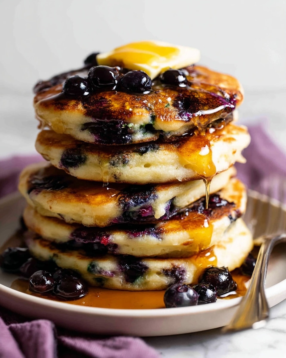 A stack of six thick, fluffy blueberry pancakes sits on a white plate over a white marbled surface, each pancake golden brown with dark purple blueberries embedded throughout. The pancakes are layered one on top of the other, with golden syrup slowly dripping over the edges, pooling slightly on the plate and covering some of the blueberries that have fallen off. On top of the stack sits a small pat of melting yellow butter surrounded by glossy blueberries. A silver fork rests at the base on the right side with a hint of a purple cloth nearby. photo taken with an iphone --ar 4:5 --v 7