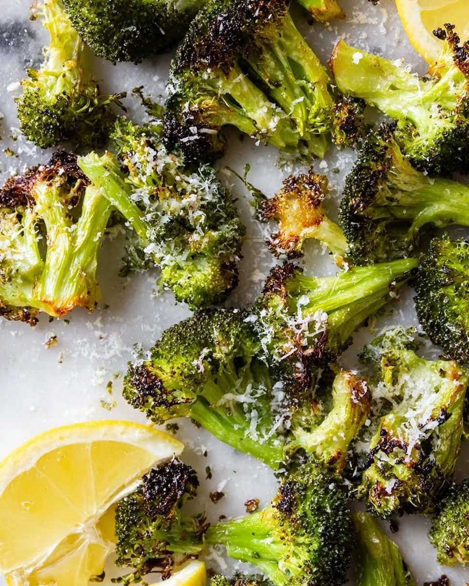 This image shows a close-up view of roasted broccoli pieces on a white marbled surface. The broccoli is bright green with some parts slightly charred to a dark brown, giving a crispy texture. Thin slices of garlic are scattered among the broccoli, with fine white shreds of cheese sprinkled on top. On the right side, there are two thin yellow lemon slices adding a fresh contrast. The overall look is fresh and crispy with a mix of bright green, dark brown, white, and yellow colors. photo taken with an iphone --ar 4:5 --v 7