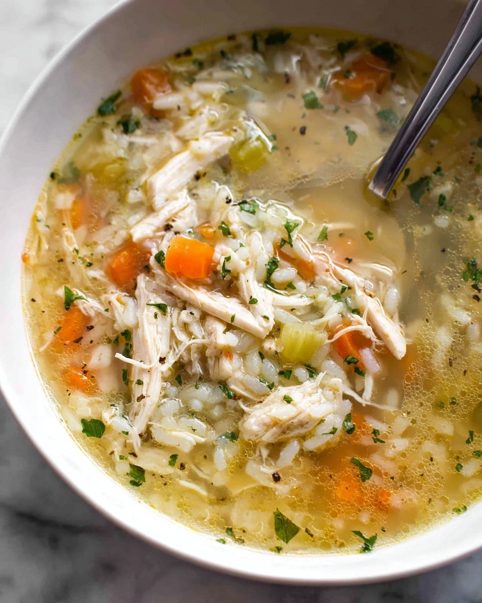 A close-up of a white bowl filled with clear chicken soup containing shredded white chicken pieces, small white rice grains, orange carrot cubes, and light green celery chunks, all floating in a light yellow broth with herbs and black pepper flakes visible on top. A silver spoon is partially submerged in the soup on the right side of the bowl, resting against the bowl’s edge. The bowl sits on a white marbled surface. photo taken with an iphone --ar 4:5 --v 7