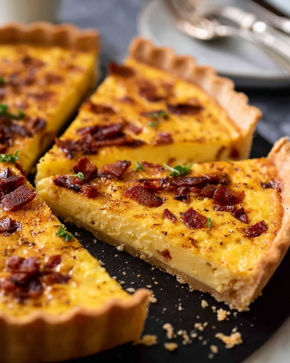 A close-up of a pie cut into slices on a white plate showing three layers: a light brown crust with a scalloped edge on the bottom, a thick, slightly golden yellow creamy filling in the middle, and small, crispy dark brown bacon bits sprinkled on the top. The surface of the filling looks smooth and shiny with a slightly baked texture, and some parts catch soft light. It is set on a white marbled textured surface with a blurred knife and part of a napkin in the background. photo taken with an iphone --ar 4:5 --v 7