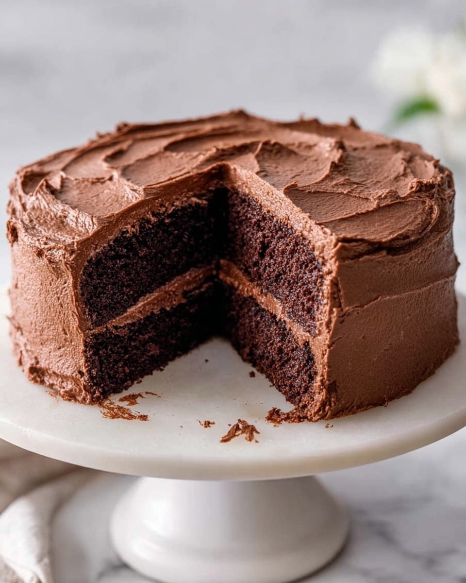 A two-layer round chocolate cake is shown on a white cake stand, sitting on a white marbled surface. The outside of the cake is fully covered in a smooth, creamy chocolate frosting with visible swirls and soft peaks on top. One slice is cut and slightly pulled out, revealing the dark, moist chocolate inside with a thick layer of chocolate frosting in the middle and on the edges of the slice. Photo taken with an iphone --ar 4:5 --v 7