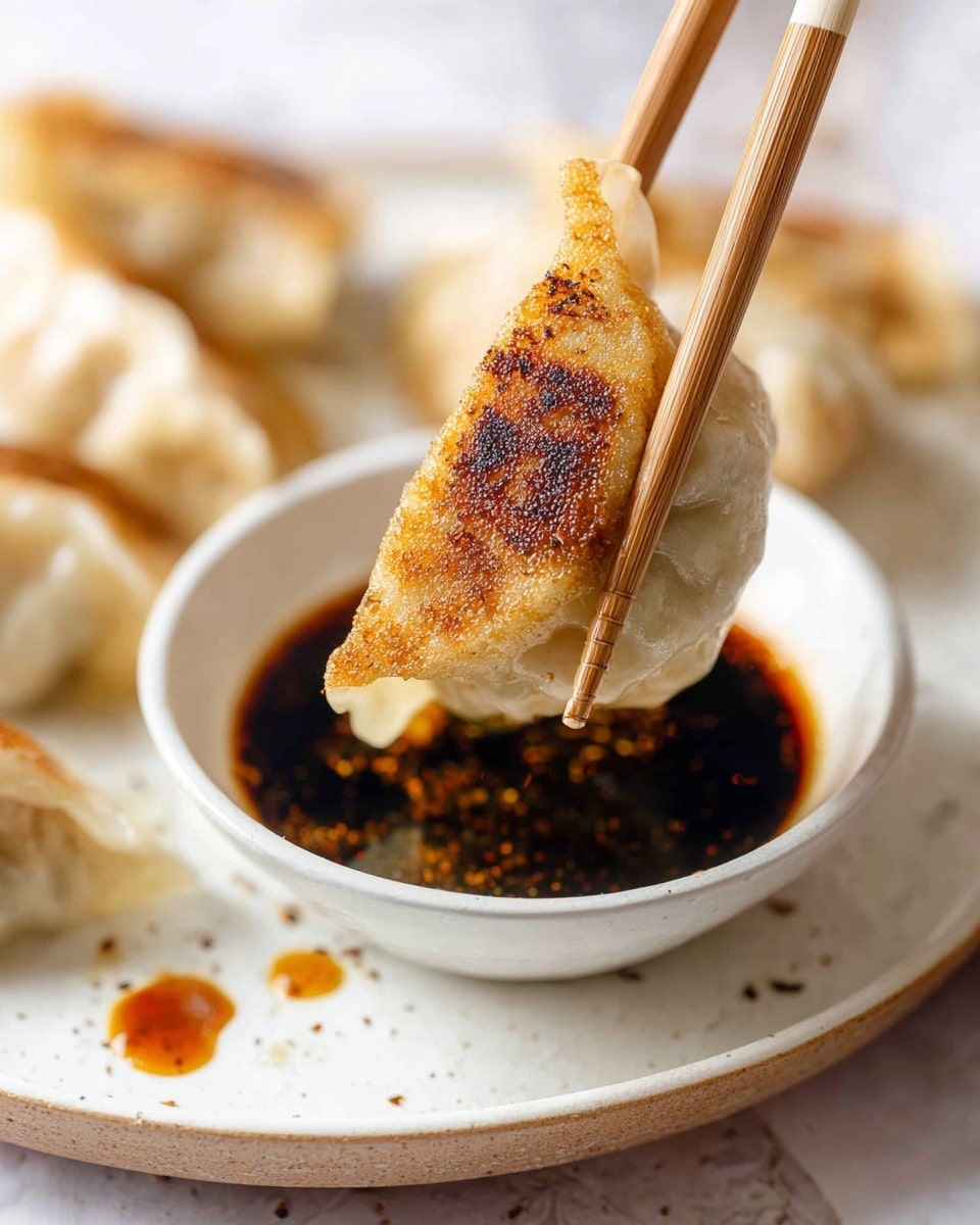 A close-up image of a single light golden brown pan-fried dumpling with a slightly crispy texture, held by wooden chopsticks dipping into a small round white bowl filled with dark soy dipping sauce. The dumpling’s edges are soft and pale with slight pleats visible on the top. The bowl is placed on a white plate, which has a few splashes of reddish-orange chili oil and sauce. The background is a white marbled texture. photo taken with an iphone --ar 4:5 --v 7