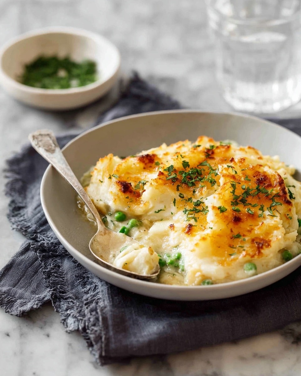 A bowl with a creamy layered dish featuring a golden-brown, crispy top layer sprinkled with small green herbs. Below the top layer is a soft, white sauce mixed with bright green peas and some pieces of boiled egg showing their white and yellow colors. The bowl is set on a dark cloth with a silver spoon resting inside. In the background, there is a glass of water and a small bowl with green herbs on a white marbled surface. photo taken with an iphone --ar 4:5 --v 7
