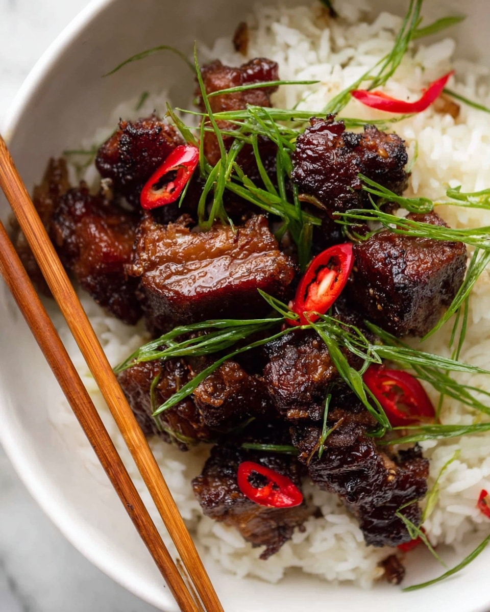 A white bowl is filled with a base layer of fluffy white rice. On top, there are chunks of dark brown, glossy cooked meat with slightly crispy edges. Thin slices of bright red chili peppers and finely shredded green herbs are scattered over the meat, adding pops of color. A pair of wooden chopsticks rests on the edge of the bowl. The bowl is placed on a white marbled surface. photo taken with an iphone --ar 4:5 --v 7
