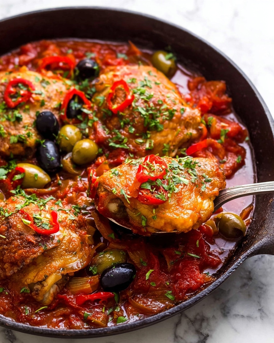A close-up shot of a black cast iron skillet filled with three golden-brown chicken thighs partially submerged in a rich red tomato sauce, dotted with black olives, slices of red chili, and green herbs. The chicken skin looks crispy and sprinkled with chopped fresh green parsley. The sauce is thick and chunky with visible pieces of green peppers and red roasted peppers, adding vibrant color and texture contrast. A white spoon lifts one of the chicken thighs out of the sauce, showing its juicy underside. The skillet rests on a white marbled surface, creating a clean and bright background. photo taken with an iphone --ar 4:5 --v 7