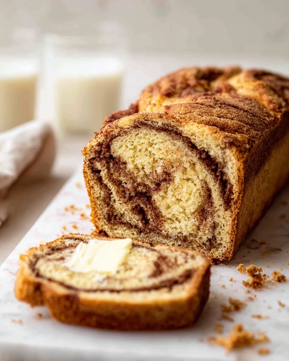 A loaf of sliced cinnamon swirl bread is shown on a white marbled surface, with three visible layers: a golden brown crust on the outside, a soft light yellow inner bread with air pockets, and dark brown cinnamon swirl patterns running through the middle. The front slice is leaning slightly, showing the swirl clearly, while the loaf sits in the background. A piece of bread with butter spread on it lies near the front, with a silver knife holding a small dollop of butter resting nearby. Photo taken with an iphone --ar 4:5 --v 7