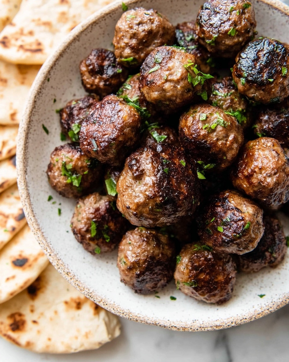 A white, oval bowl is filled with about 20 browned meatballs, each with a lightly charred and slightly crispy exterior. The meatballs are topped with small, bright green herb pieces scattered across them, adding a fresh contrast to the rich brown color of the meat. The bowl is placed on a white marbled surface next to torn pieces of flatbread with a warm, golden texture and some small green herb bits on top. The overall composition is close up, showing the juicy texture of the meatballs and the rustic look of the bread. photo taken with an iphone --ar 4:5 --v 7