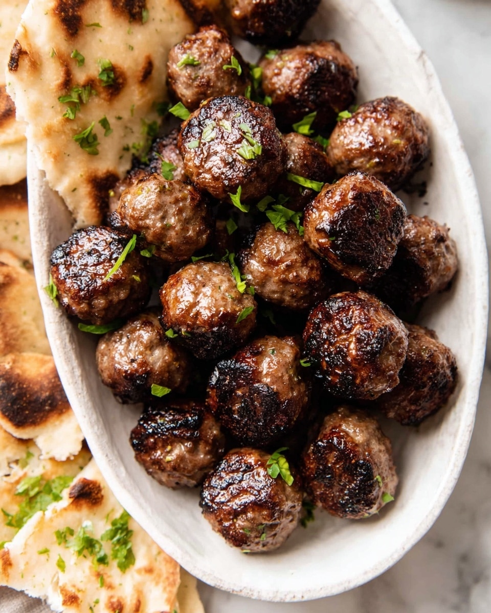 A bowl filled with many round, browned meatballs that are slightly crispy on the outside and sprinkled with small green herb pieces on top. The bowl is white with a speckled, natural texture and a rustic edge. Around the bowl on a white marbled surface, some pieces of flatbread with a light toasted pattern are visible. The meatballs look juicy and well cooked, creating a warm and inviting dish. Photo taken with an iphone --ar 4:5 --v 7
