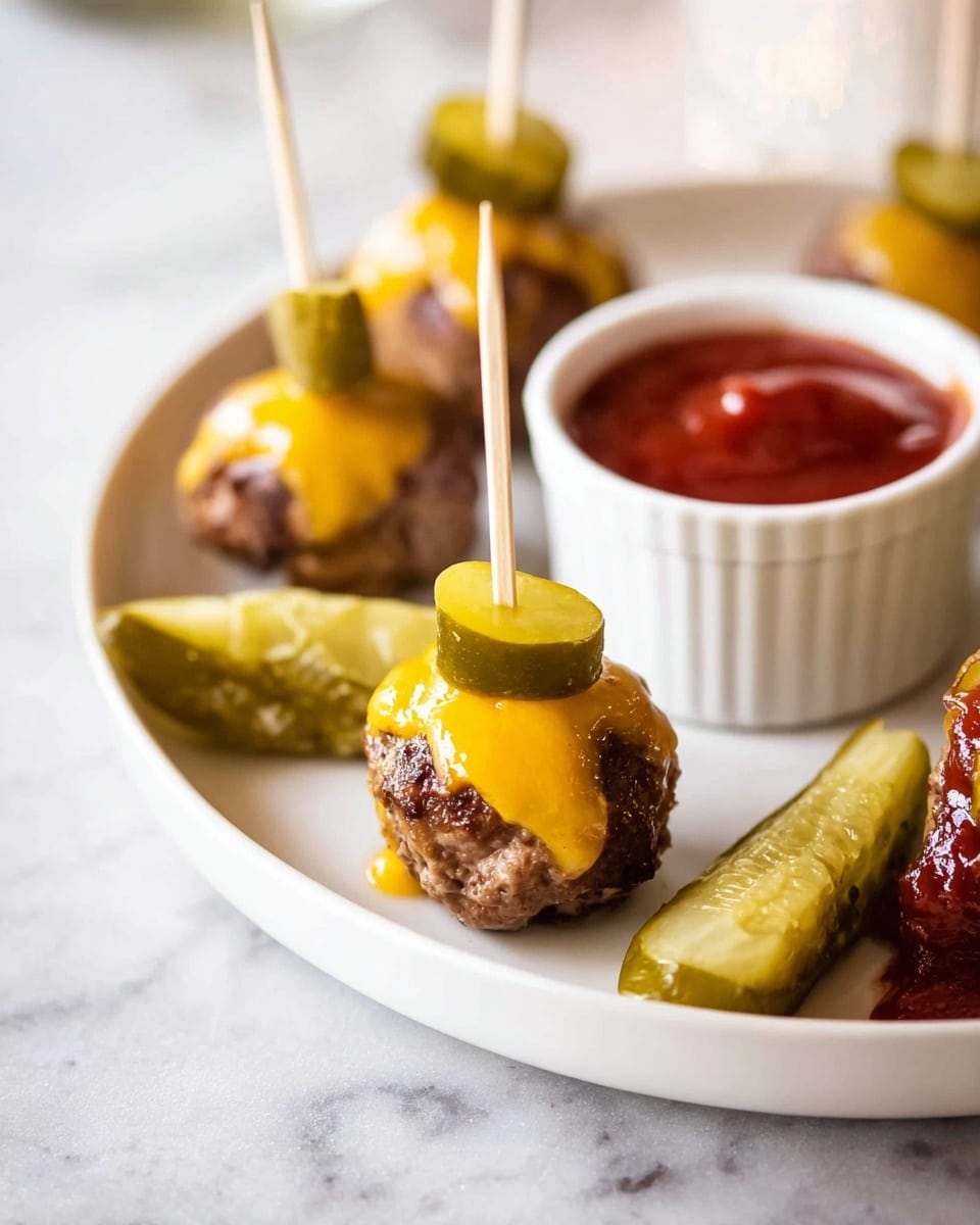 The image shows a white plate on a white marbled surface with several bite-sized meatballs, each topped with melted bright yellow cheese and a green pickle slice, skewered with a wooden stick. On the plate’s right side, there is a small white bowl filled with red sauce. One meatball has fallen into the sauce, while others rest on the plate near the bowl. Additionally, a cluster of pickles is placed on the plate to the right of the bowl. The background is softly blurred, enhancing focus on the food. photo taken with an iphone --ar 4:5 --v 7