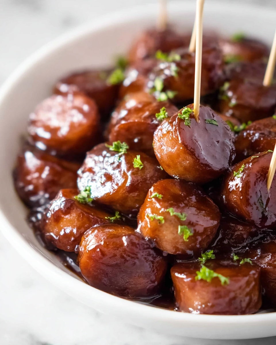 The image shows a close-up of a white bowl filled with small round slices of dark reddish-brown sausage covered in a shiny brown sauce. Several slices are pierced with wooden toothpicks standing upright. Small pieces of green herb leaves are scattered on top, adding a fresh touch. The bowl sits on a white marbled textured surface, creating a clean and bright background. The sauce pools slightly around the sausage slices, making the dish look moist and flavorful. photo taken with an iphone --ar 4:5 --v 7
