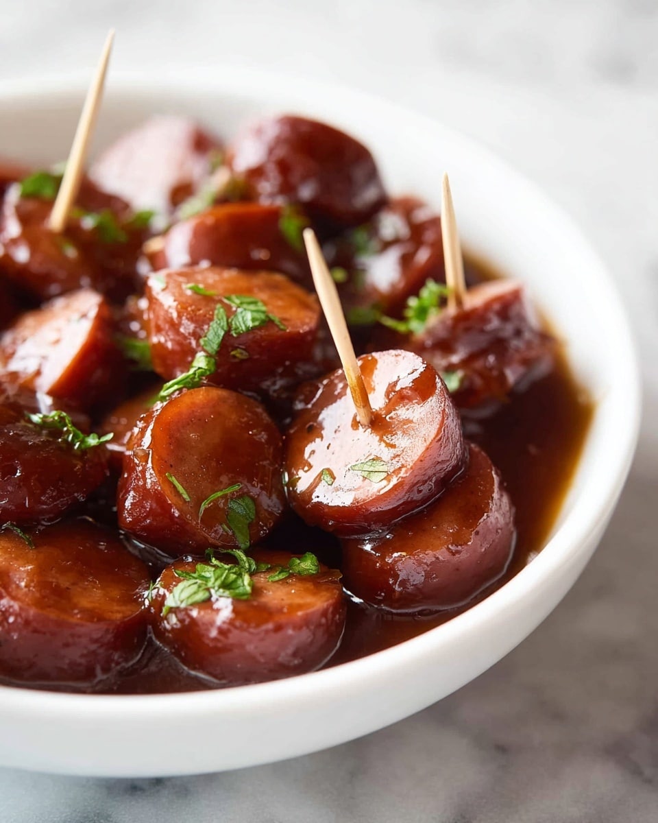 A close-up of a white bowl filled with small, glossy pieces of sliced sausage covered in a thick, dark brown sauce. The sausages have a shiny, glazed surface indicating a rich coating, and small green parsley leaves are sprinkled on top for garnish. Several wooden toothpicks are stuck into the sausages, adding texture and depth to the image. The bowl sits on a white marbled surface, creating a clean and bright background. photo taken with an iphone --ar 4:5 --v 7