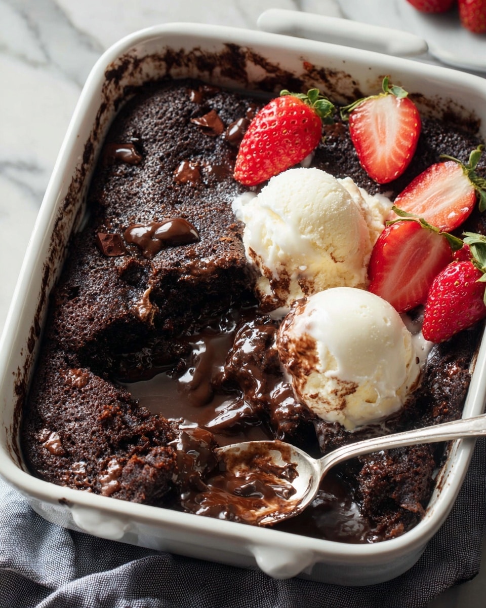 A white rectangular baking dish holds a rich, dark chocolate lava cake with a moist and crumbly top layer. The cake's inside reveals a thick, glossy, melted chocolate center that looks smooth and shiny. On the right side of the dish, two scoops of creamy, off-white vanilla ice cream sit on the cake surface, topped with fresh bright red strawberry halves and a few whole strawberries scattered nearby. A silver spoon is digging into the gooey chocolate center, resting inside the dish. The scene is set on a white marbled texture with some grey cloth partially visible underneath the baking dish. Photo taken with an iphone --ar 4:5 --v 7