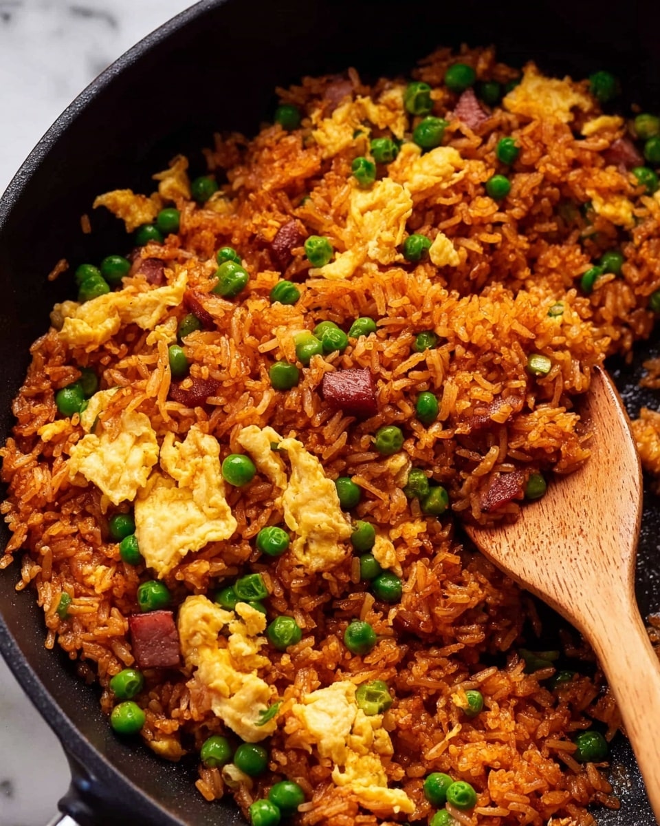 A close-up of fried rice in a black pan with a wooden spatula stirring it on the right side. The dish has three main layers: the base is orange-brown cooked rice mixed evenly with vibrant green peas. Scattered throughout are irregular yellow scrambled egg pieces, adding texture. There are also some thin slices of browned pinkish ham visible. The pan and spatula have a simple, natural look, with the background being a soft white marbled texture. photo taken with an iphone --ar 4:5 --v 7