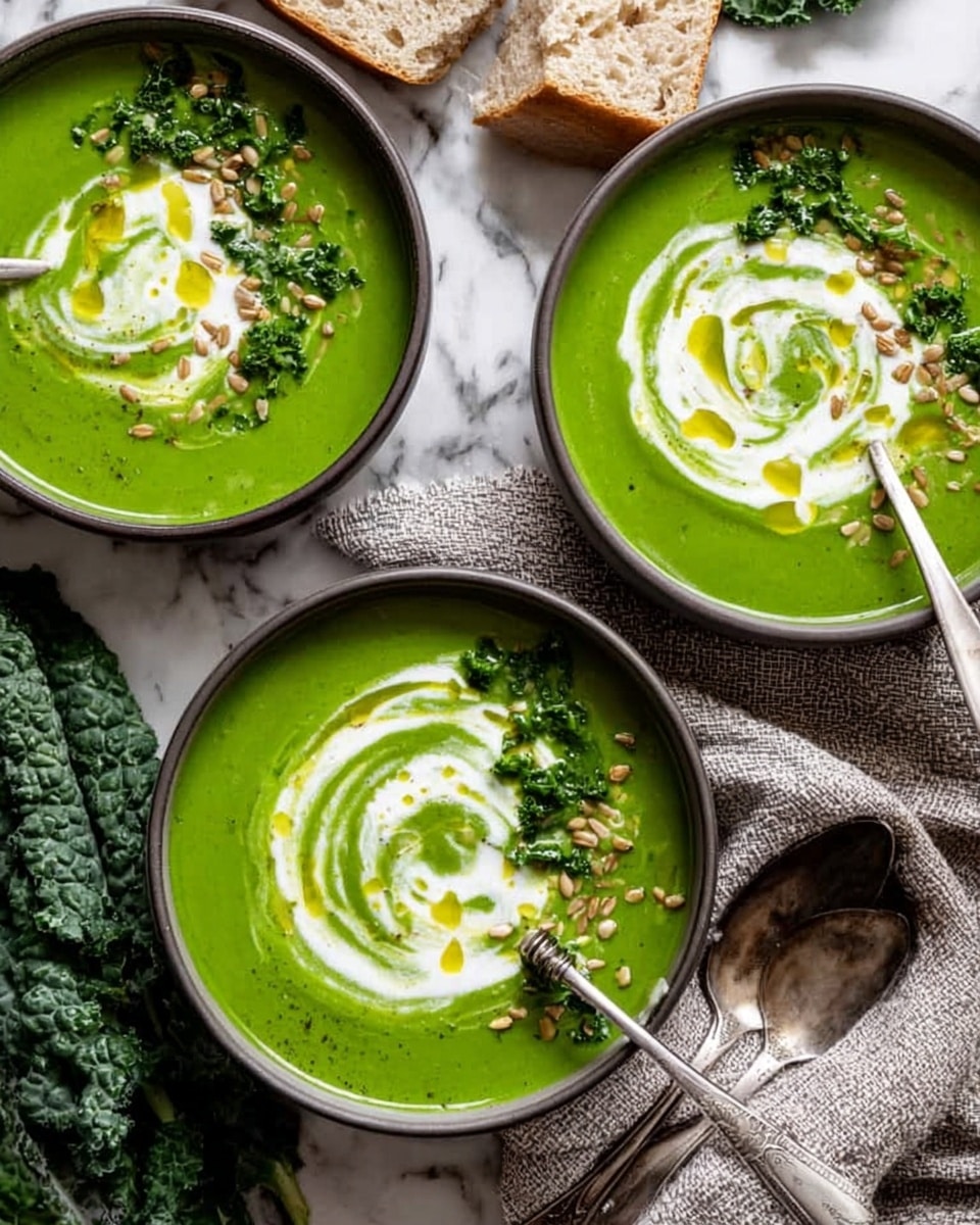 Three white bowls filled with bright green creamy soup sit on a white marbled surface with a gray textured cloth beneath them. Each bowl has a swirl of white cream on top, drizzled with golden oil and sprinkled with small sunflower seeds, adding texture. One bowl holds a spoon resting inside, and around the bowls are pieces of light golden bread and some fresh dark green kale leaves for decoration. photo taken with an iphone --ar 4:5 --v 7