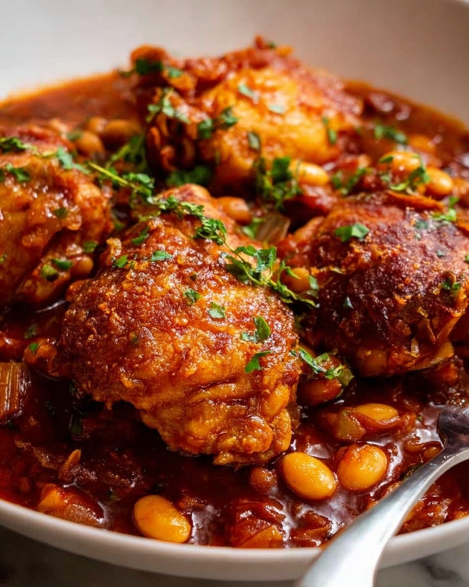 A close-up view of a dish with several pieces of golden-brown cooked chicken thighs layered on top, each piece showing a slightly crispy texture and garnished with small green herb leaves. The chicken sits in a thick, rich, reddish-brown sauce that contains yellowish chickpeas and sliced vegetables, adding a soft texture surrounded by the glossy sauce. The dish fills the frame, showing the appetizing combination of crispy and tender elements with fresh herbs sprinkled over. Photo taken with an iphone --ar 4:5 --v 7