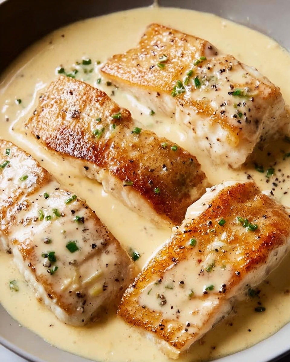 The image shows four pieces of lightly browned fish fillets arranged close together, covered in a creamy, light yellow sauce with a smooth texture that spreads around them. The fish has a slightly crispy surface with specks of black pepper and is garnished with small chopped green herbs scattered on top. The dish sits in a shallow pool of the thick sauce, with the fillets appearing tender and moist under the rich sauce coating. The background is a white marbled texture. photo taken with an iphone --ar 4:5 --v 7