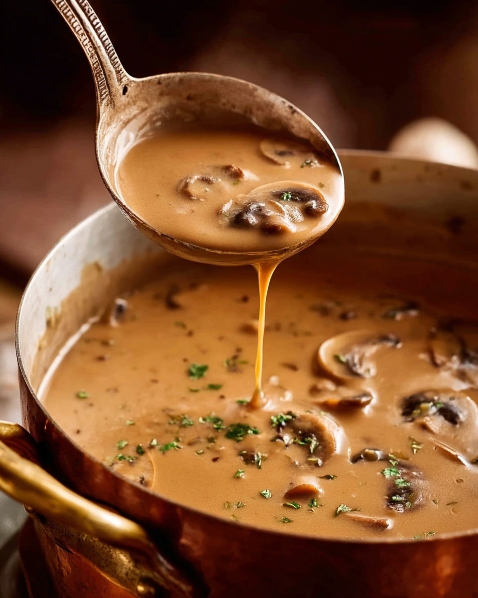 A close-up view of a thick, creamy brown mushroom soup with smooth texture is shown, lifted by a large metal ladle above a large copper pot with brass handles. The soup contains sliced light brown mushrooms partly submerged, with some fresh green herb bits sprinkled on top. The thick liquid drips slowly from the ladle, showing its creamy consistency. The background features a soft focus with warm tones. photo taken with an iphone --ar 4:5 --v 7