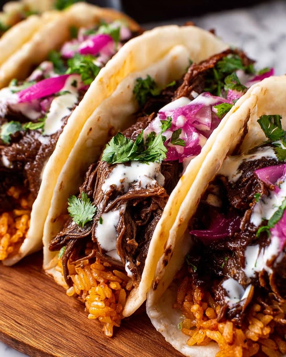 Three soft white tortillas are filled with three main layers from bottom to top: bright orange rice with a slightly fluffy texture, dark brown shredded meat with a tender and juicy look, and a drizzle of white creamy sauce mixed with small pieces of purple pickled onions. Fresh green cilantro leaves are scattered on top and around the edges of the tortillas, adding a pop of color. The tacos are placed closely together on a wooden surface with a white marbled texture in the background. photo taken with an iphone --ar 4:5 --v 7