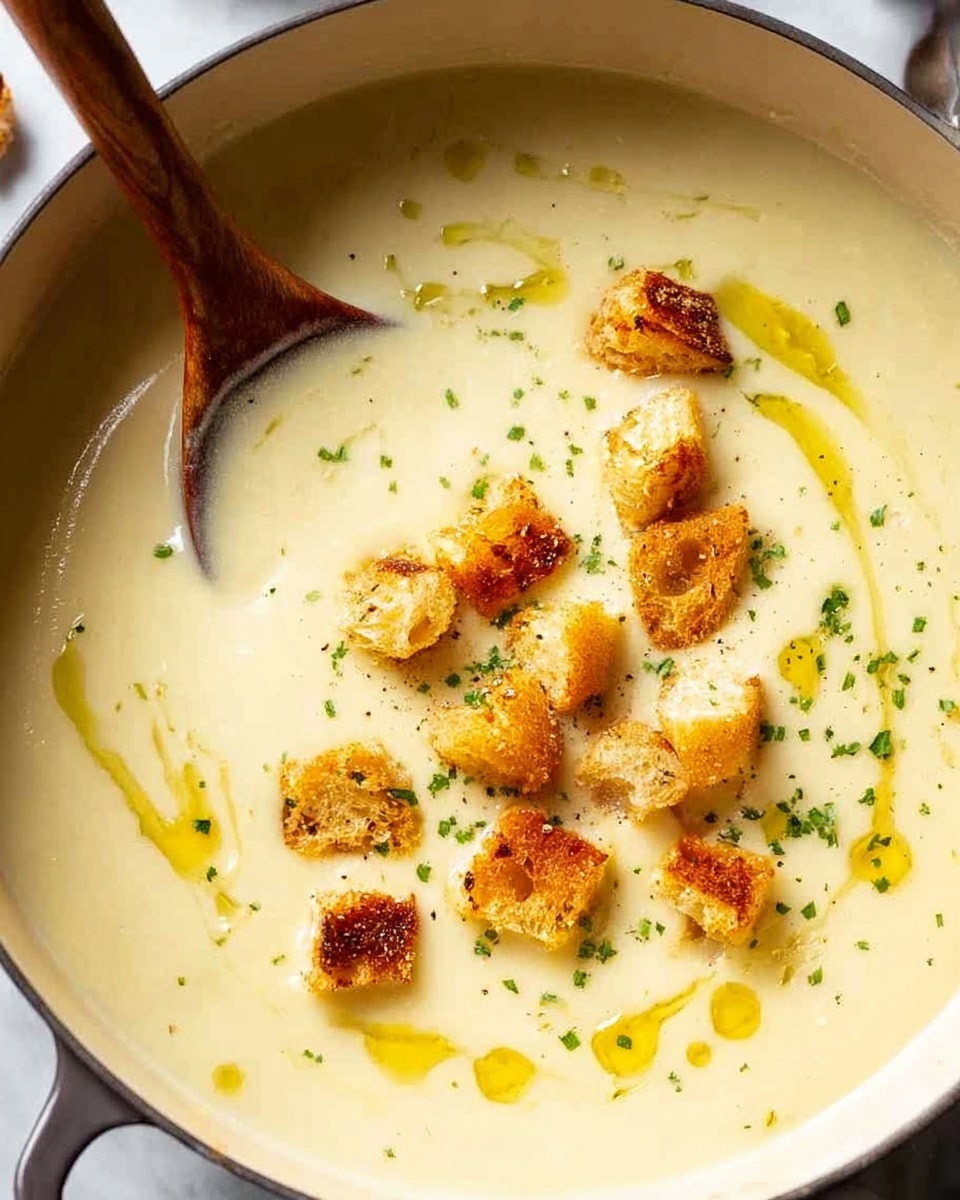 A close-up view of creamy pale yellow soup in a white pot, showing a smooth and thick texture. On top, there are small golden brown croutons scattered mainly in the center, along with a light drizzle of olive oil creating shiny yellow swirls. Tiny green chives are sprinkled over the croutons for a fresh contrast. A wooden spoon rests on the right edge, partially dipped in the soup, showing its creamy surface with gentle swirls around it. The pot sits on a white marbled surface. photo taken with an iphone --ar 4:5 --v 7