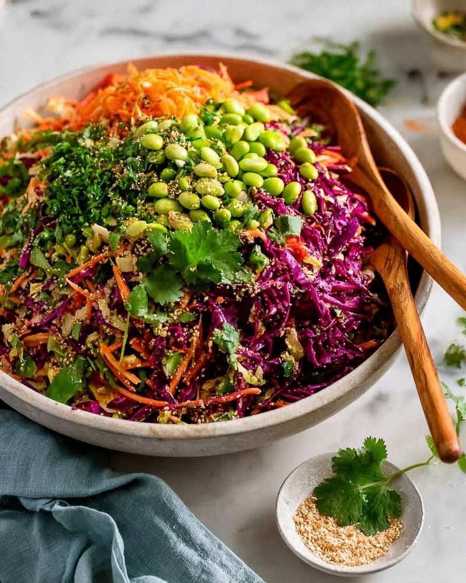 A large white bowl filled with a colorful salad, piled high with shredded purple cabbage and thin orange carrot strips forming the base layer. On top of that, there are bright green peas and edamame scattered throughout, adding pops of color and texture. Fresh cilantro leaves are spread over the top, giving a fresh green finish to the vibrant mix. Two wooden spoons rest in the bowl, slightly buried under the salad. The bowl sits on a soft light blue cloth on a white marbled surface, with a small white dish of sesame seeds and herbs nearby, adding detail to the scene. Photo taken with an iphone --ar 4:5 --v 7