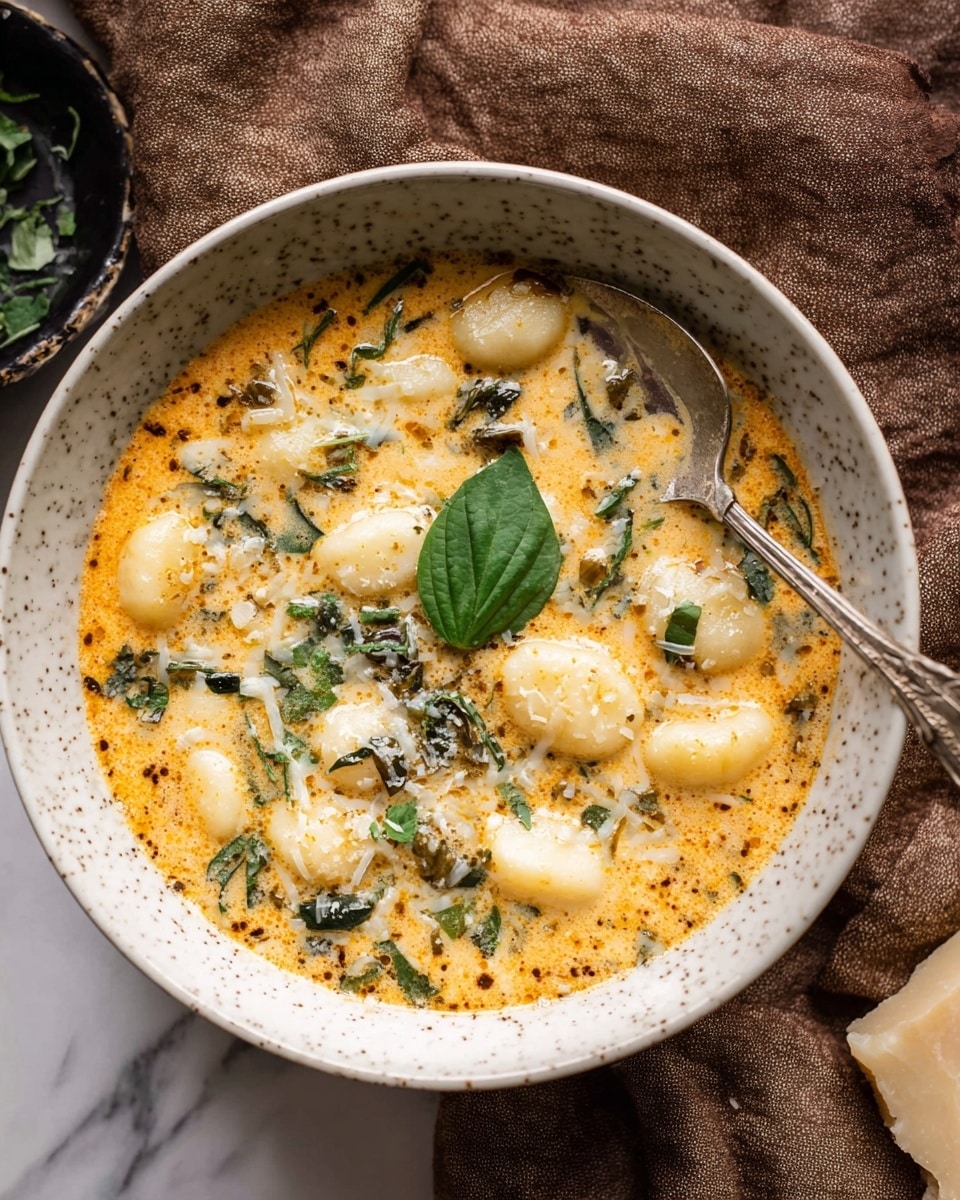 A bowl of creamy soup with a rich orange-yellow color, showing soft, pale potato pieces and some dark, charred spots on the surface from cooking. It is topped with finely chopped green herbs scattered evenly and a single whole green basil leaf in the center. The soup is served in a white bowl with a speckled gray pattern and has a silver spoon resting inside it. The bowl sits on a brown cloth with a white marbled surface underneath. A piece of pale yellow cheese with holes is partially visible next to the bowl. Photo taken with an iphone --ar 4:5 --v 7
